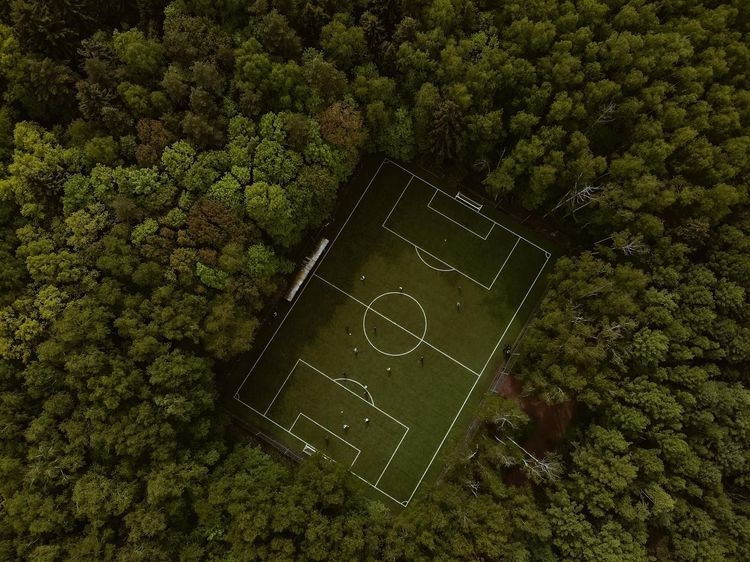 Bird's-eye view of a soccer field surrounded by dense forest, capturing nature and sport.