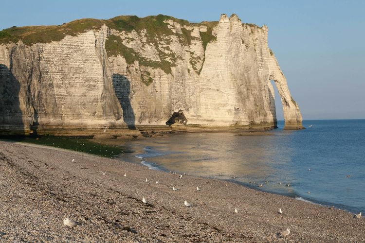 Gorgeous view of Étretat's iconic cliffs and pebble beach, perfect for nature enthusiasts.