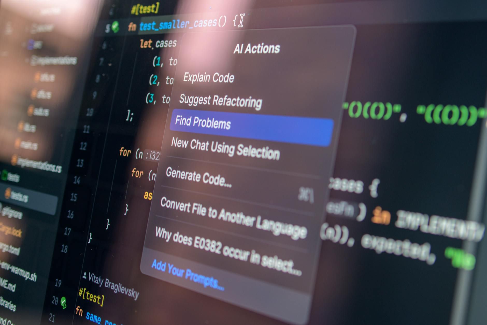 Close-up of AI-assisted coding with menu options for debugging and problem-solving. Close-up of AI-assisted coding with menu options for debugging and problem-solving.